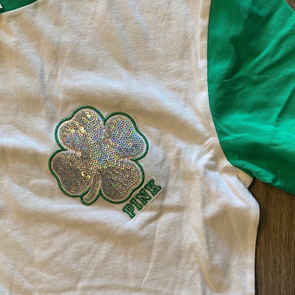 PINK Victoria's Secret Green and White Clover Tee - Picture 3 of 7